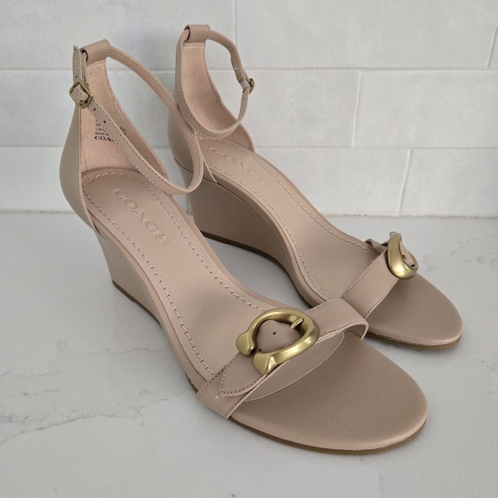COACH Women's Odetta Wedge Sandals Leather Nude Tan Ankle Strap Open-Toe Size 9 - Picture 3 of 11